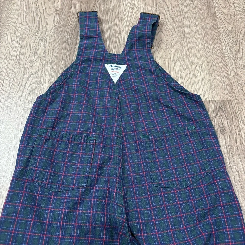 VTG Oshkosh B’Gosh Overalls Black Watch Plaid Toddler 4T Blue/Green/Red USA Made - Picture 2 of 4